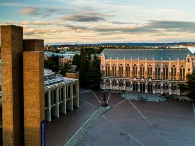 Aerial view of University of Washington's red square facing Suzzallo Library
