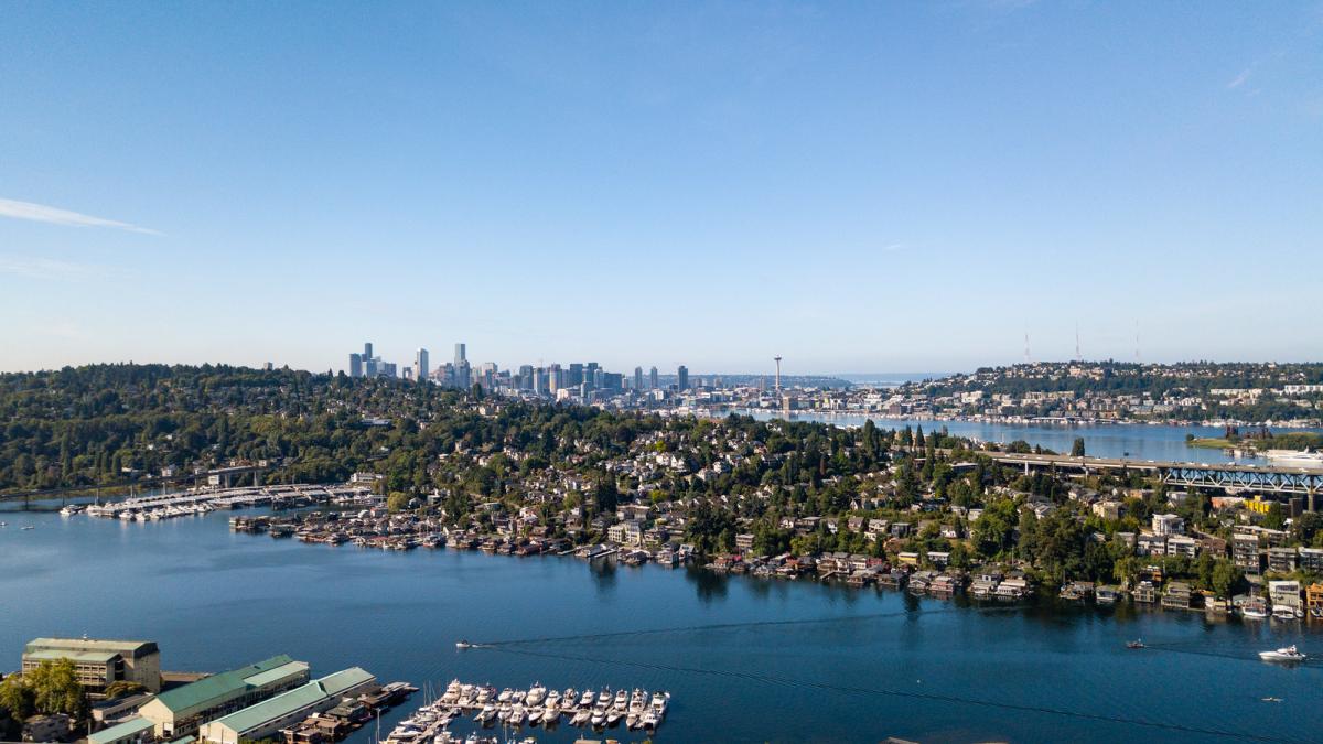 Skyline view of water, buildings, and land