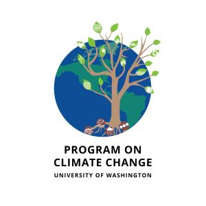 Planet earth with tree layered on top with words "Program on Climate Change University of Washington"